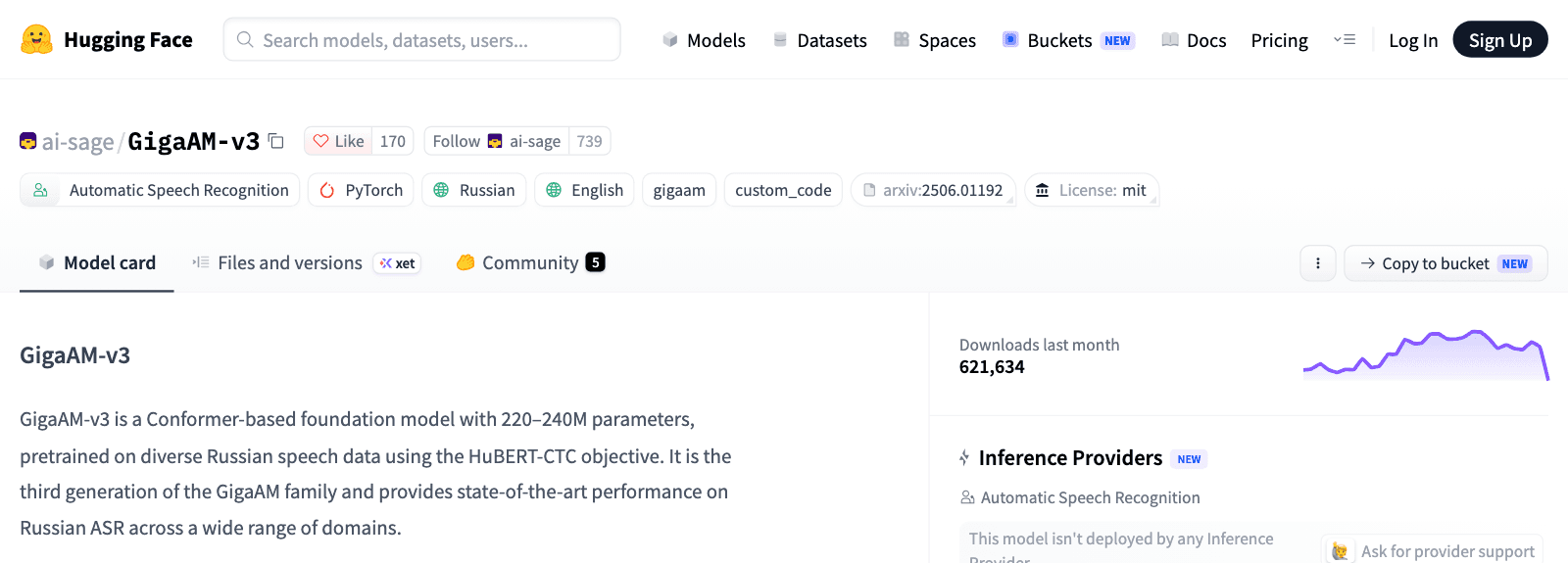 Страница модели ai-sage/GigaAM-v3 на huggingface.co: лицензия MIT, 220-240 млн параметров, 621 634 скачивания за последний месяц. Эту модель агент в нашем прогоне поставил первой для русской речи