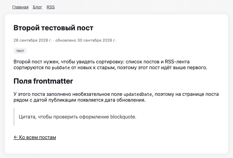 Страница тестового поста: дата публикации и обновления, метка и цитата. Метки и цитата получили оформление после пометки is:global в обёртке страниц