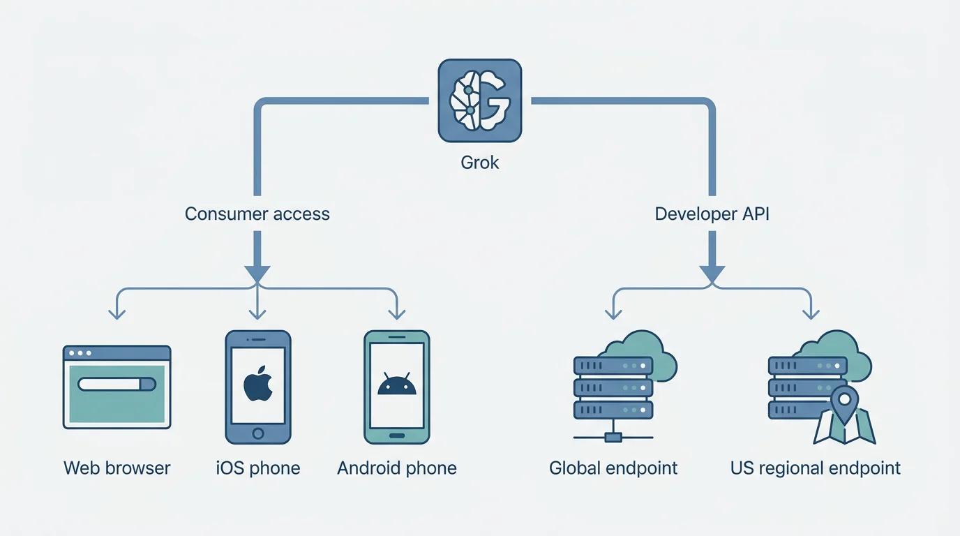 Схема двух разных путей доступа к Grok: потребительский (веб, iOS, Android) и разработческий API с глобальным и региональным US-эндпоинтом